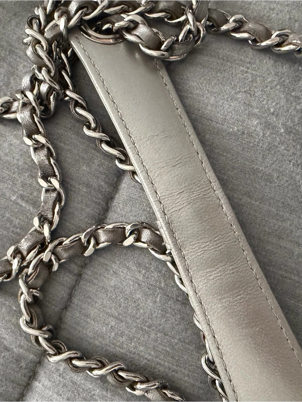 CHANEL Quilted Leather Camera Crossbody in Silver Metallic Gray